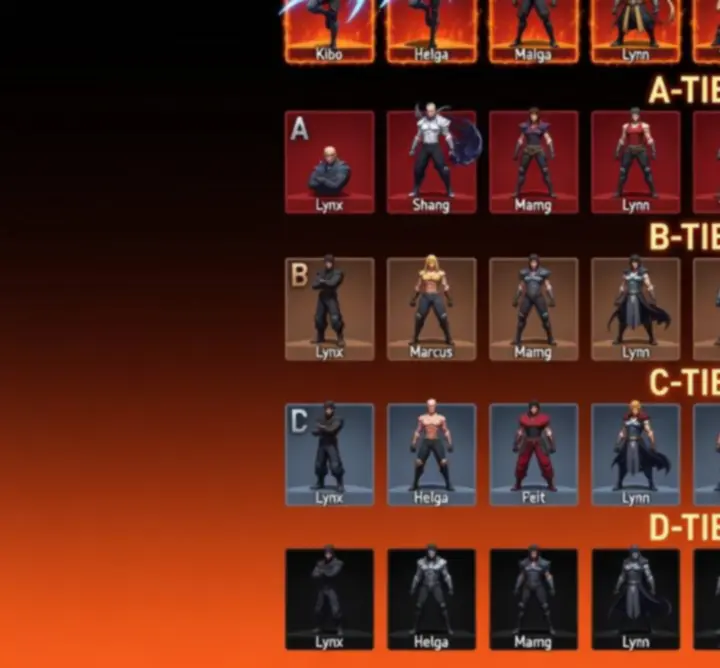 Shadow Fight 4: Arena hősökből álló kompozit kép, tier list elrendezéssel