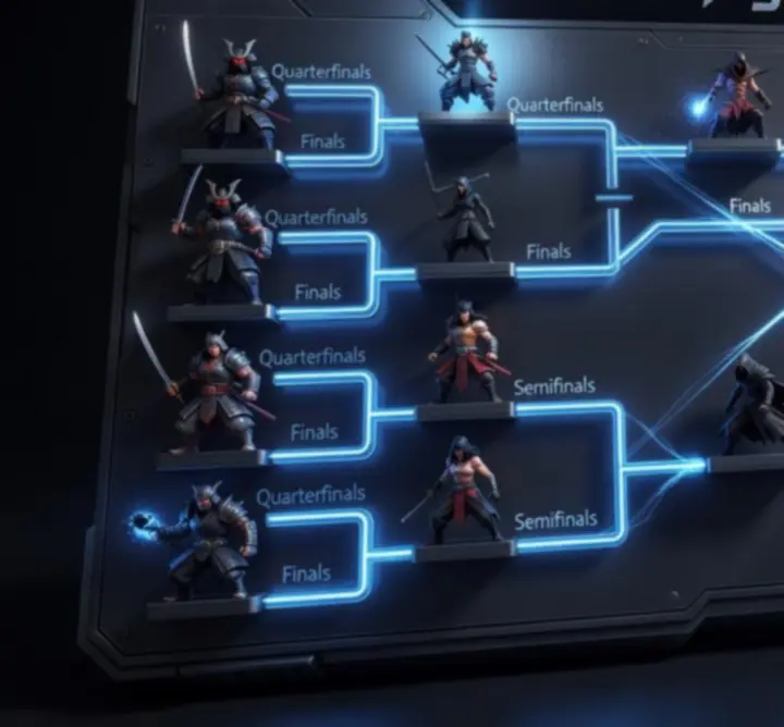 Interaktív Shadow Fight 4: Arena tornatábla vizualizációja több ággal és párosítással